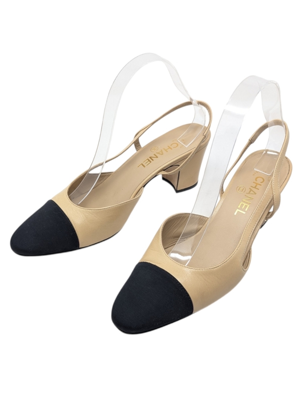Chanel Beige CC Beige Black Cap Toe Slingback Chunky Heel Pumps Size EU 39.5